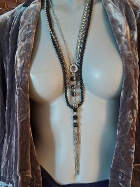 🌟 3/$30. Bundle:Tassel Necklace with Black Beads & Triple Bead, Cyrstal & Chain